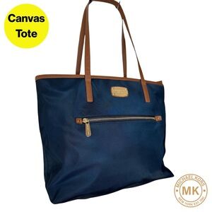 MICHAEL KORS 💙 Navy Blue & Brown Shoulder Canvas Tote, Gold Logo, Front Zipper
